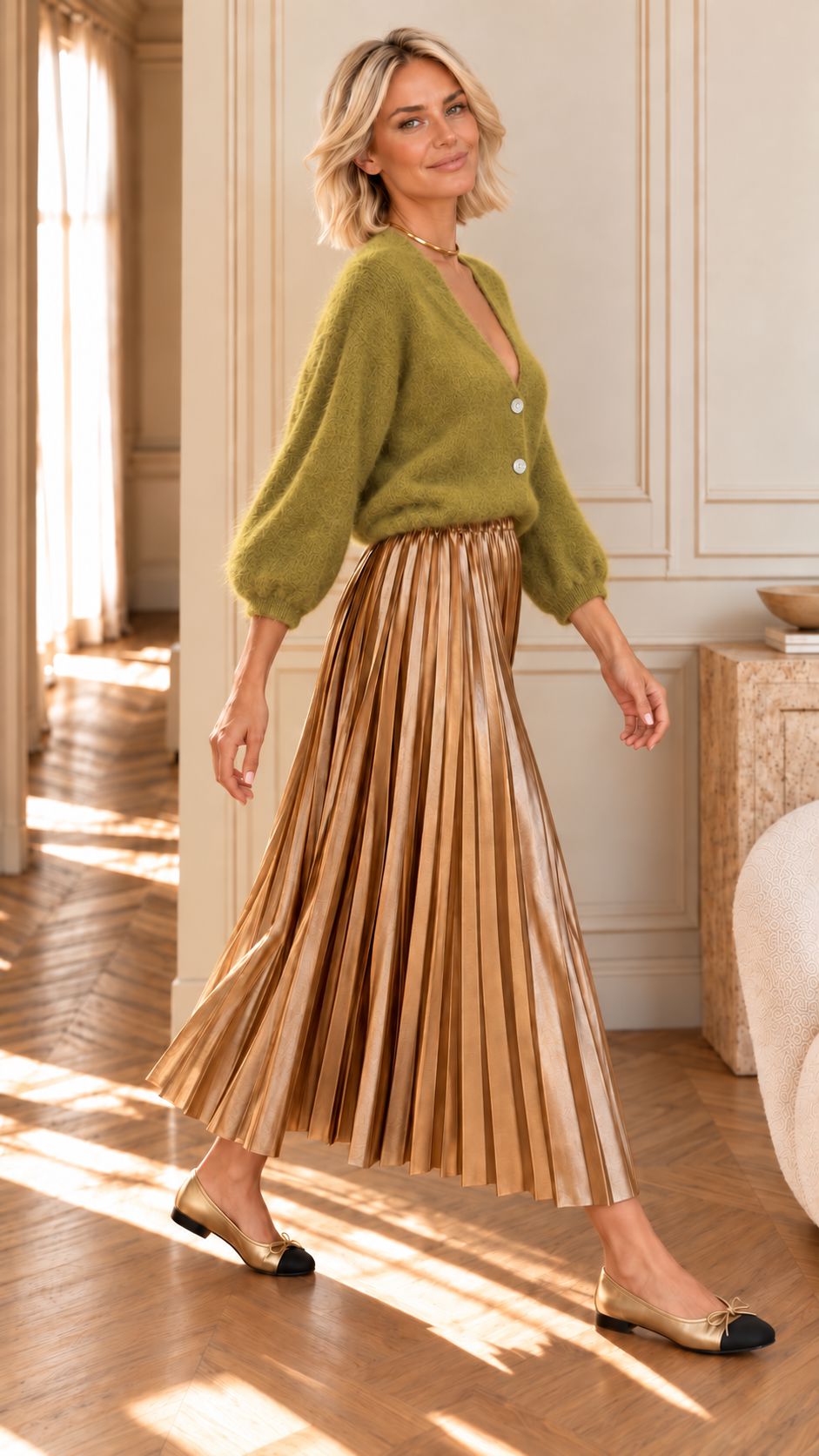 A woman wearing a fuzzy olive green button-front cardigan and a pleated metallic gold skirt, standing in an elegant indoor setting with cream walls and warm sunlight.