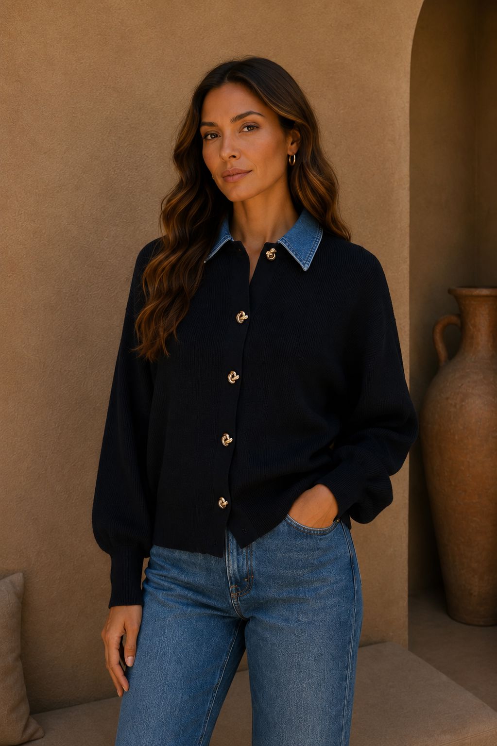 THE LUCIENNE DENIM COLLAR CARDIGAN Shirt Mia Charm 
