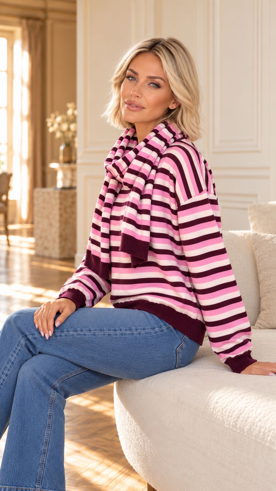 A woman wearing a pink and burgundy striped knit sweater with a matching striped cowl neck scarf, paired with blue jeans, leaning against a white paneled wall in a sunlit interior.