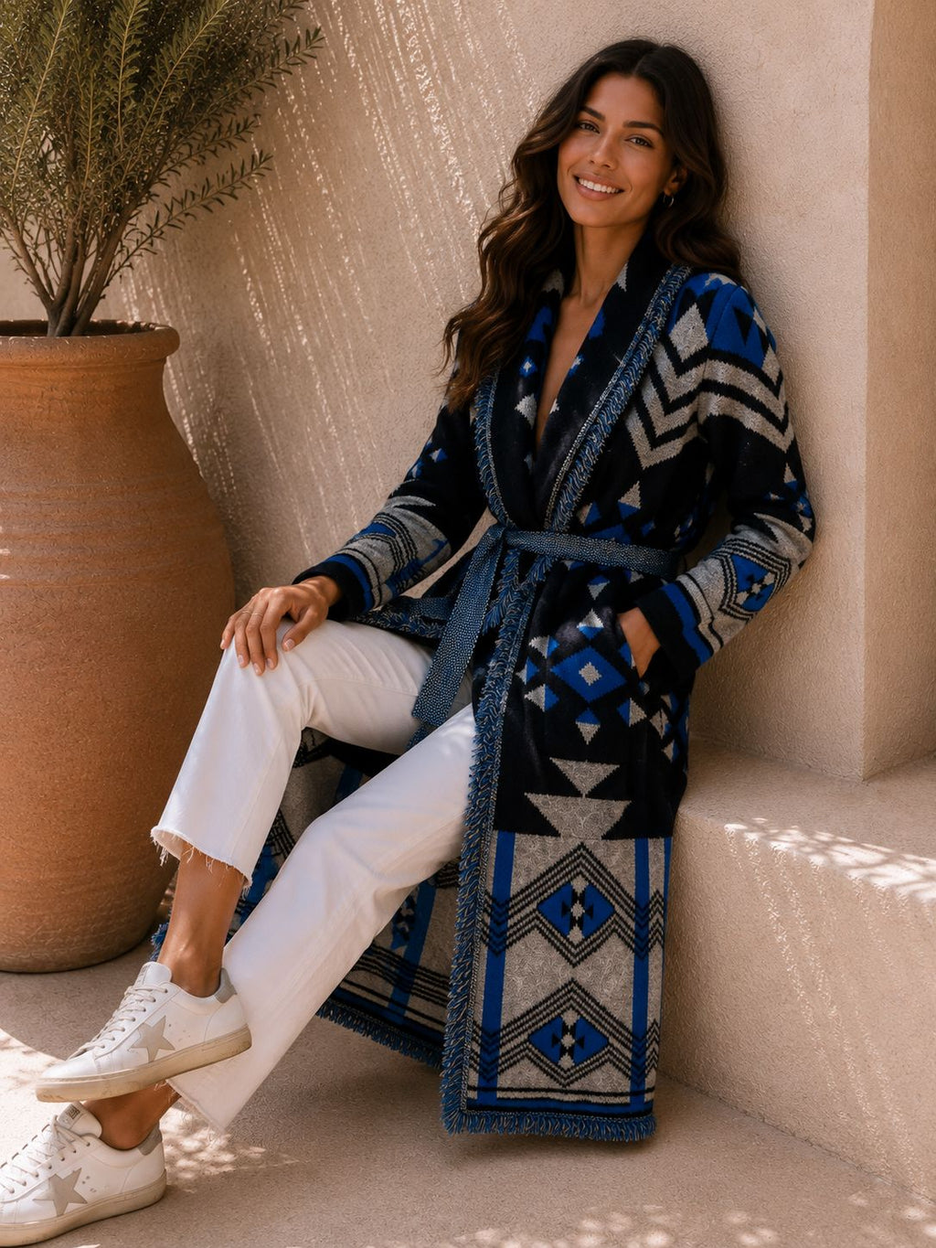 LONG BLACK AND BLUE CARDIGAN Knitwear Oreline 